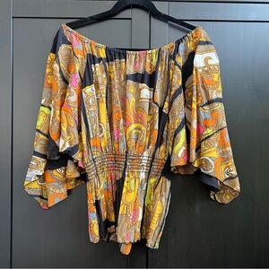 Trina Turk Silk Off-Shoulder Smocked Waist Top in Black and Yellow Paisley Small